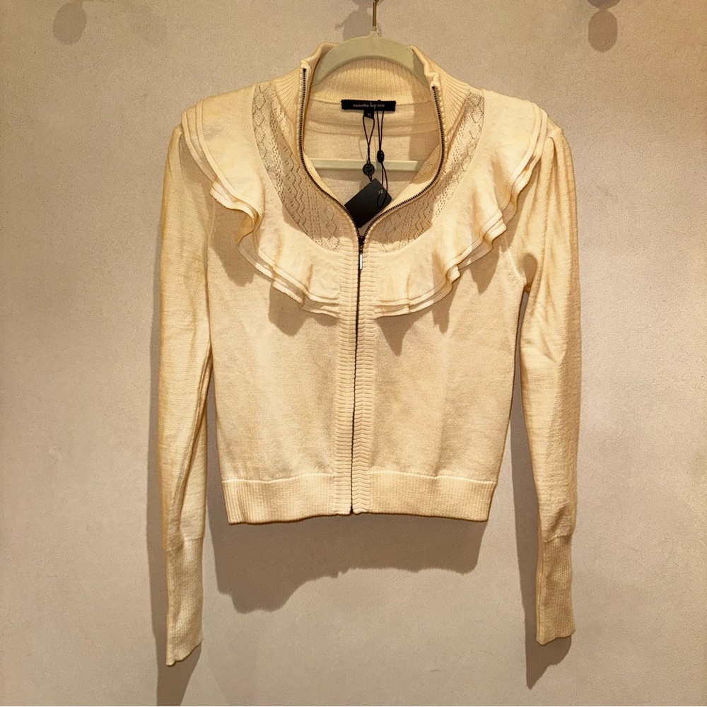 Nanette Lepore Cream Ruffled Zip Sweater